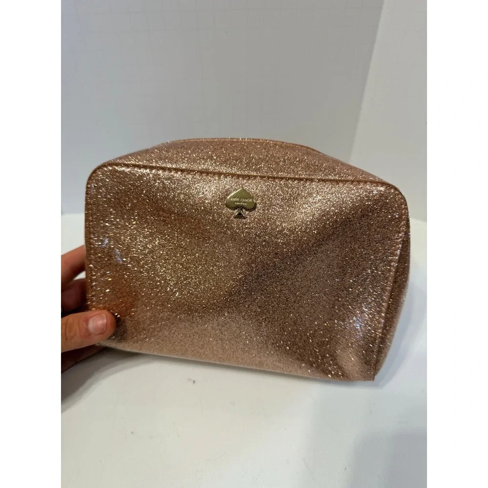 Kate Spade Rose Gold Glitter Cosmetic Bag Makeup Pouch Polka Dot Lining